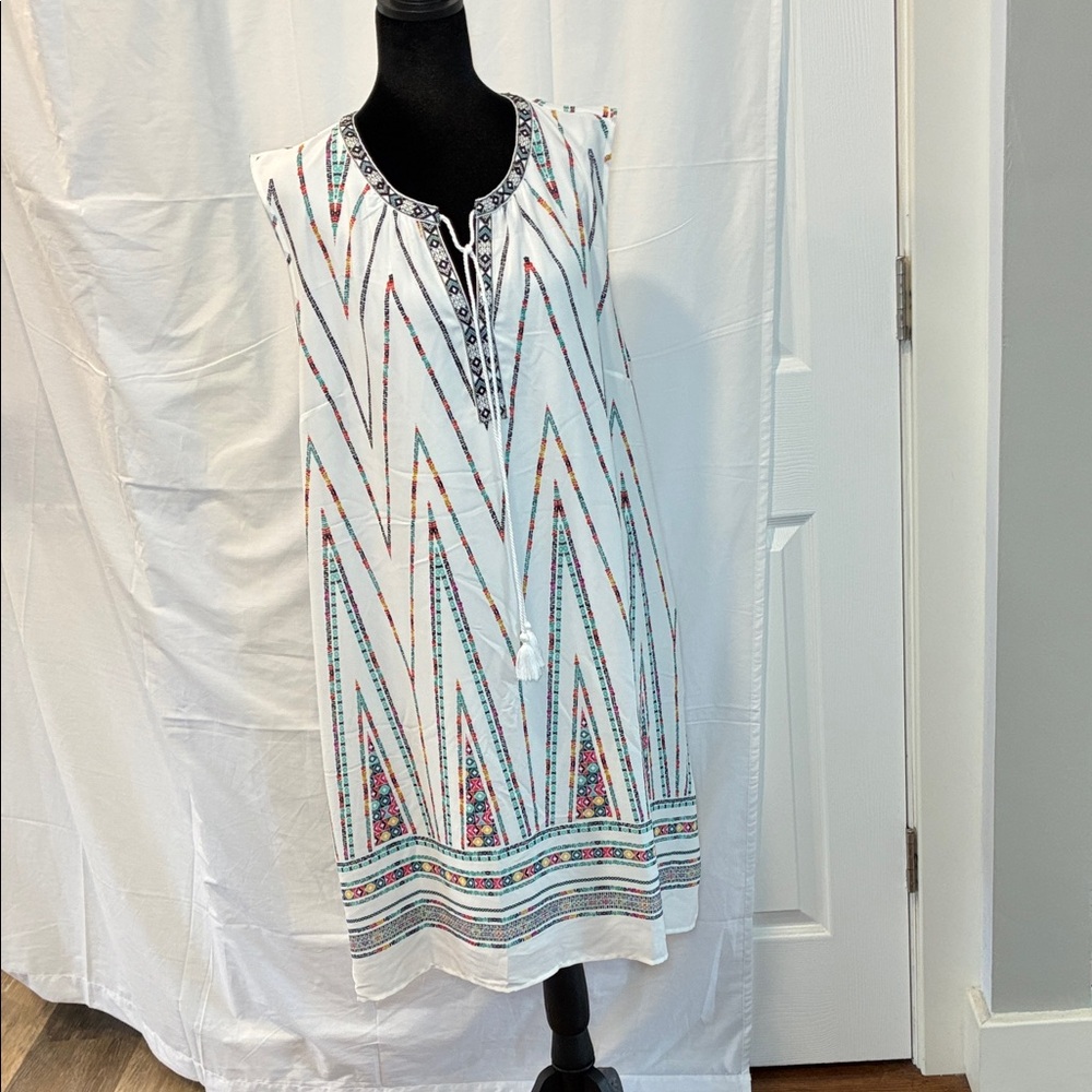 My Michelle White Sleeveless Midi Dress with Colorful Geometric Embroidery